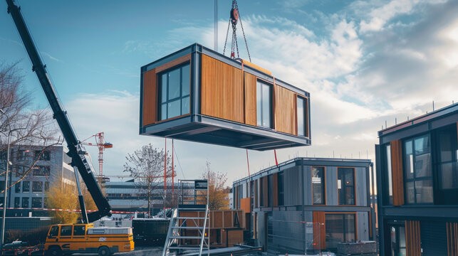 A modular home module being lifted into place by crane