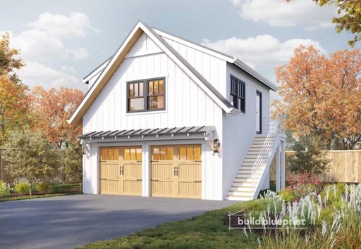 An accessory dwelling unit with garage and second-floor living space